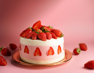 delicious strawberry cake on wood background