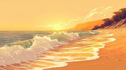 Sticker - Golden Sunset Waves Crashing on Sandy Beach