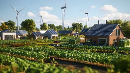 Wall Mural - Sustainable Farming Village with Solar Panels and Wind Turbines