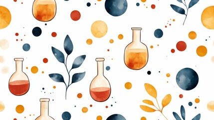 Poster - Colorful Pattern Illustration Featuring Flasks, Leaves, and Abstract Shapes in Earthy Tones