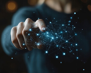 Poster - Businessman touching virtual network, connecting human ideas and technology