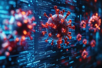 Poster - Microscopic view of coronavirus against digital background showcasing data and technology