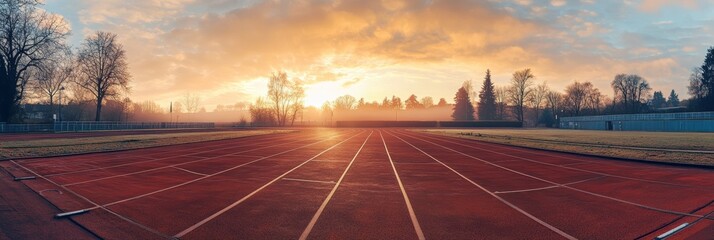 Aufkleber - Empty running track in a sports stadium at dawn, bathed in the golden light of the rising sun, creating a serene and motivational atmosphere for athletes
