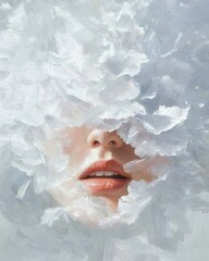 Poster - Ethereal beauty of a dreamlike female face surrounded by soft clouds digital art hyperrealistic style inspiring concept
