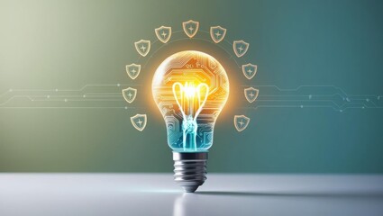 Poster - a glowing light bulb surrounded by shield icons symbolizes innovation, security, and protection in t