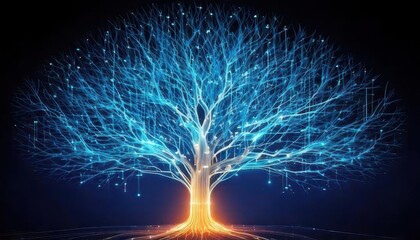 Poster - A glowing digital tree with intricate blue branches and a warm orange base, symbolizing growth, technology, and connection in a dark background.