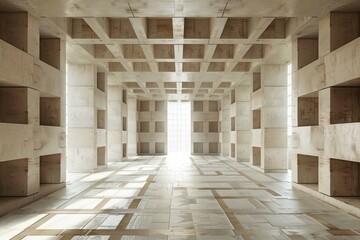 Poster - Sunlight illuminating modern empty building with geometric patterned floor and square openings in walls