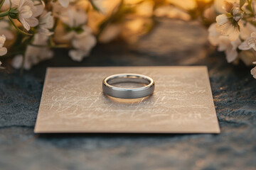 Wall Mural - detailed side shot of silver ring on textured surface with flowers