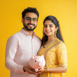 © Neha - young indian couple holding piggy bank together
