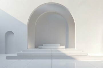 Poster - Sunlight illuminating white arch and stairs creating a modern and minimalist showroom space