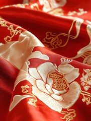 A close-up of intricate Chinese knotwork on a red silk backdrop, golden accents shining in the light, macro photography, rich detail.