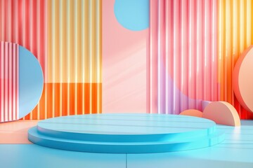 Poster - light blue cylindrical pedestal displaying products on colorful abstract background with geometric s