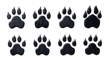 Wall Mural - A collection of isolated black wolf paw prints and two wolf silhouettes on a white background, representing wildlife