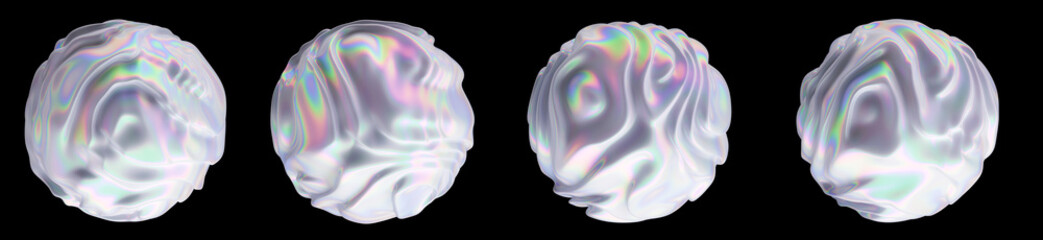 Poster - set of glitched holographic 3d spheres and blobs with ripples. bold brightly colored illustrations i