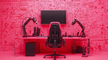 Poster - Modern gaming setup in vibrant pink interior, featuring ergonomic chair and high-tech devices for a sleek aesthetic