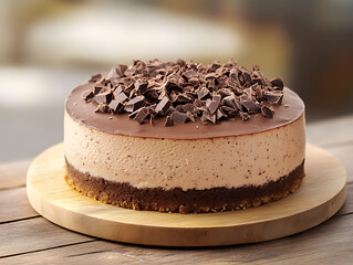 chocolate cheesecake with a creamy texture and biscuit base, topped with chocolate shavings and served on a rustic wooden board