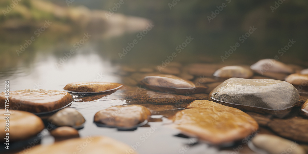 Smooth, round pebbles lie quietly at the edge of a calm river, their ...