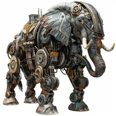 Poster - Mechanical steampunk elephant robot standing, showing gears and mechanical parts, isolated on white background
