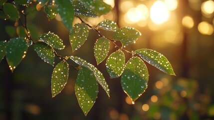 Wall Mural - Dew-kissed leaves glisten in warm sunlight, creating serene natu