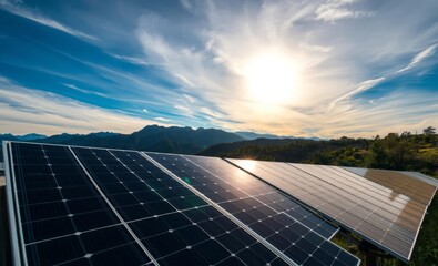 Solar panels, mountain landscape, sunset sky, renewable energy, blue sky with wispy clouds, sunburst, photovoltaic array, clean technology, environmental sustainability, dramatic lighting, panoramic v