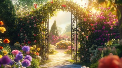 Wall Mural - Sunlit Garden Path: A Romantic Floral Escape