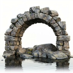 Stone arch with rocks and grass emerging from calm water surface against white background