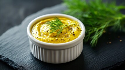 Wall Mural - A ramekin of golden mustard, isolated on a dark slate plate with a sprig of fresh dill