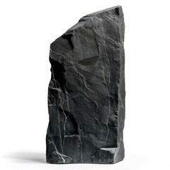 Poster - large, dark, textured stone stands vertically against a white backdrop, its rough surface catching t