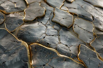 Poster - Black cracked surface with golden veins and glittering particles creating a luxurious and elegant texture