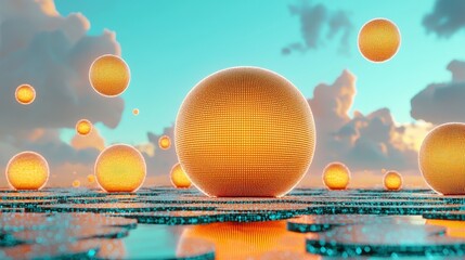 Poster - Futuristic Abstract Landscape with Floating Orange Spheres and Reflective Surfaces Under a Blue Sky with Clouds