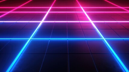 Poster - Grid of glowing pink and blue neon lines intersecting on a dark, tiled surface, creating a futuristic and vibrant scene