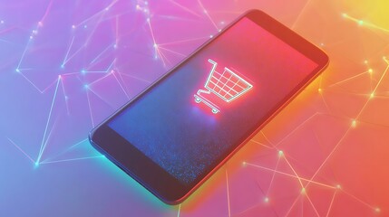 A smartphone on a colorful gradient background with a shopping cart icon and glowing lines representing online connectivity