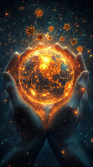 Poster - glowing globe held in hands symbolizes global unity and awareness. vibrant colors and cosmic elements evoke sense of hope and connection