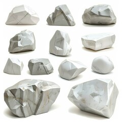 Poster - Twelve different low poly white marble rocks isolated on a white background, perfect for architectural renderings or any design project