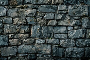 Poster - Close up of a dark stone wall creating a textured background, featuring small plants growing in the crevices between the stones