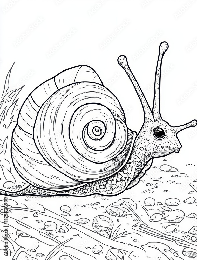 Detailed line drawing of a snail crawling on the ground. Stock ...