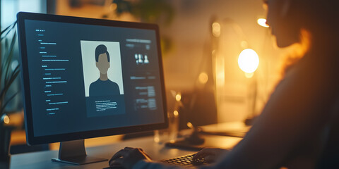Poster - A glowing digital profile on a computer screen in a dim office environment, representing digital identity, technology, and focus
