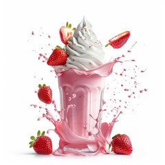 Poster - Strawberry milkshake splashing with whipped cream and fresh strawberries on a white background