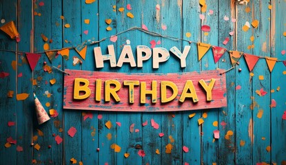 Wall Mural - colorful happy birthday text with confetti on wooden background