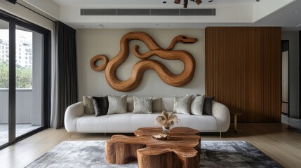 Wall Mural - Modern Living Room Decor Featuring Intricate Wooden Snake Art