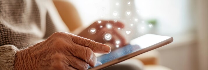 Poster - Elderly man using tablet with social media heart icons appearing, representing online community engagement and digital connection in retirement