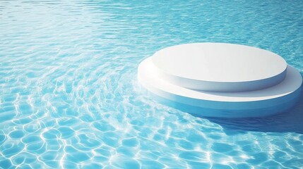 Canvas Print - White circular podium floating on calm blue water.