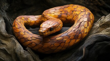 Poster - Intricate Wooden Snake Sculpture Coiled on Driftwood