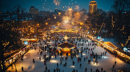 Fireworks exploding in the night sky above a large outdoor New Year celebration, with people gathered in a park, enjoying the festive atmosphere