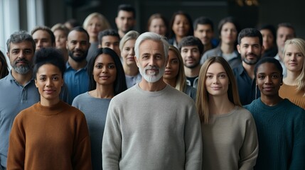 Fototapete - A diverse group of successful professionals stands confidently together in a contemporary office, showcasing teamwork and unity. Their engaged expressions reflect ambition and collaboration