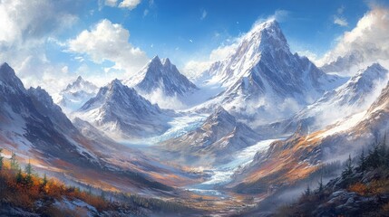 Wall Mural - Majestic Snowy Mountain Range Landscape, Breathtaking View of Glacial Valley, Autumnal Hues