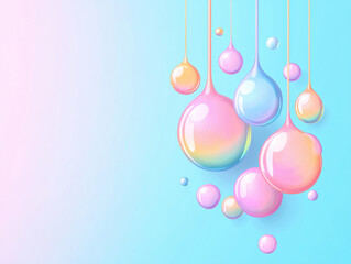 Poster - Colorful oil droplets create mesmerizing effect against soft blue background, showcasing blend of pastel hues and smooth textures that evoke sense of calm and creativity