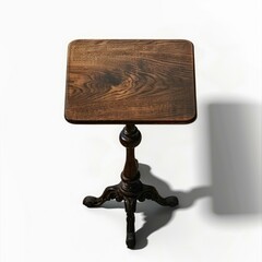 Poster - antique wooden pedestal table standing on white background, casting a long shadow