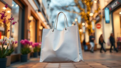 Paper shopping bag with city street on the background.