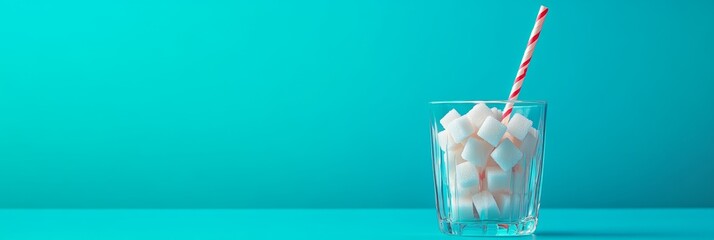 Poster - Glass full of refined sugar cubes with a straw symbolizing sugary drinks and the dangers of excessive sugar consumption, promoting a sugar free or low sugar lifestyle for better health